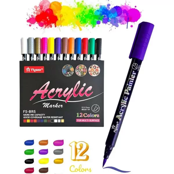 Набор акриловых маркеров с наконечником кисть Flysea Acrylic Painter, 12 цветов — изображение 2